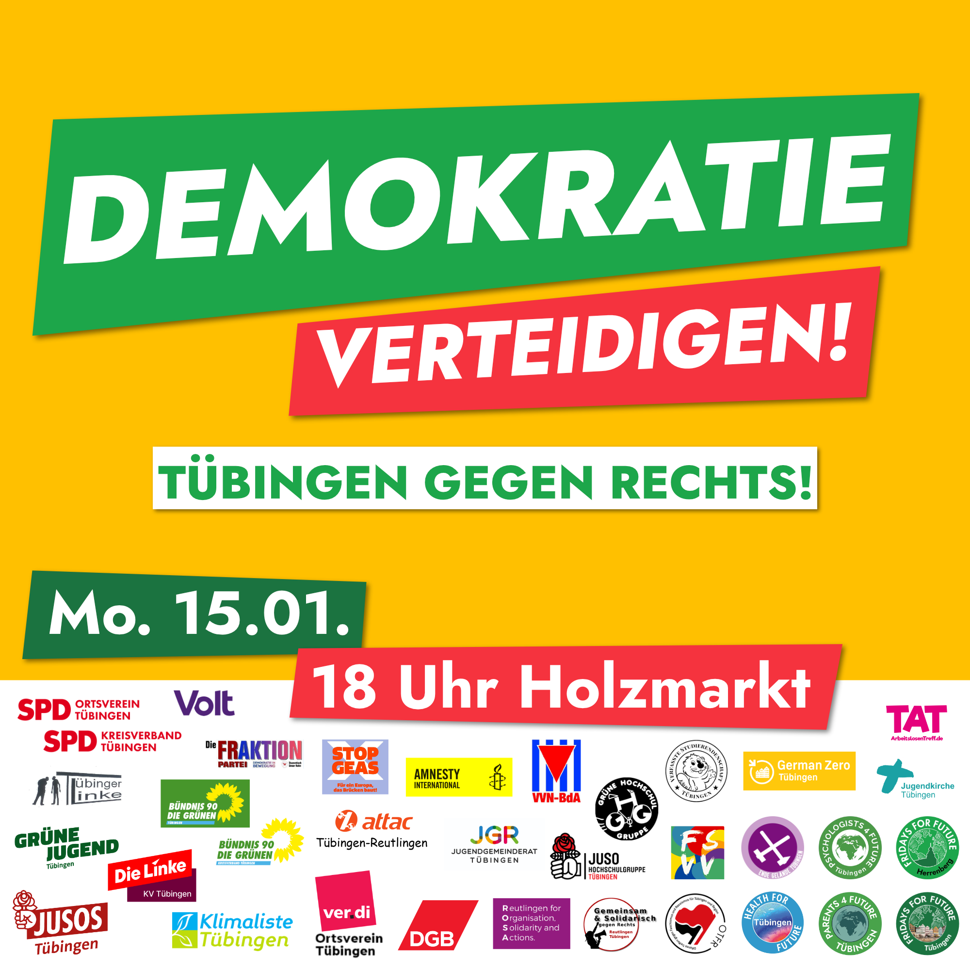 Demokratie verteidigen – 15.01, 18 Uhr auf dem Holzmarkt Tübingen